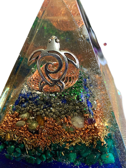 Ocean Serenity Orgone Pyramid – Sea Turtle | Lapis, Pyrite & Moss Agate