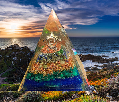 Ocean Serenity Orgone Pyramid – Sea Turtle | Lapis, Pyrite & Moss Agate