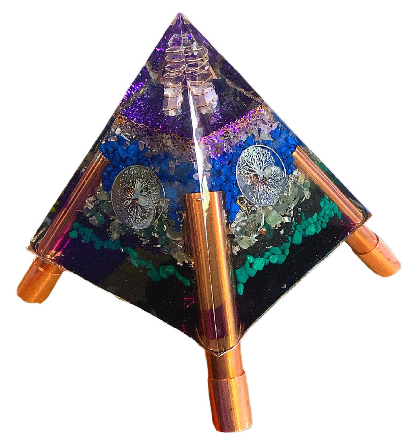 Tree of Life Yin Yang Orgone Pyramid – 8" Large | Amethyst & Green Agate