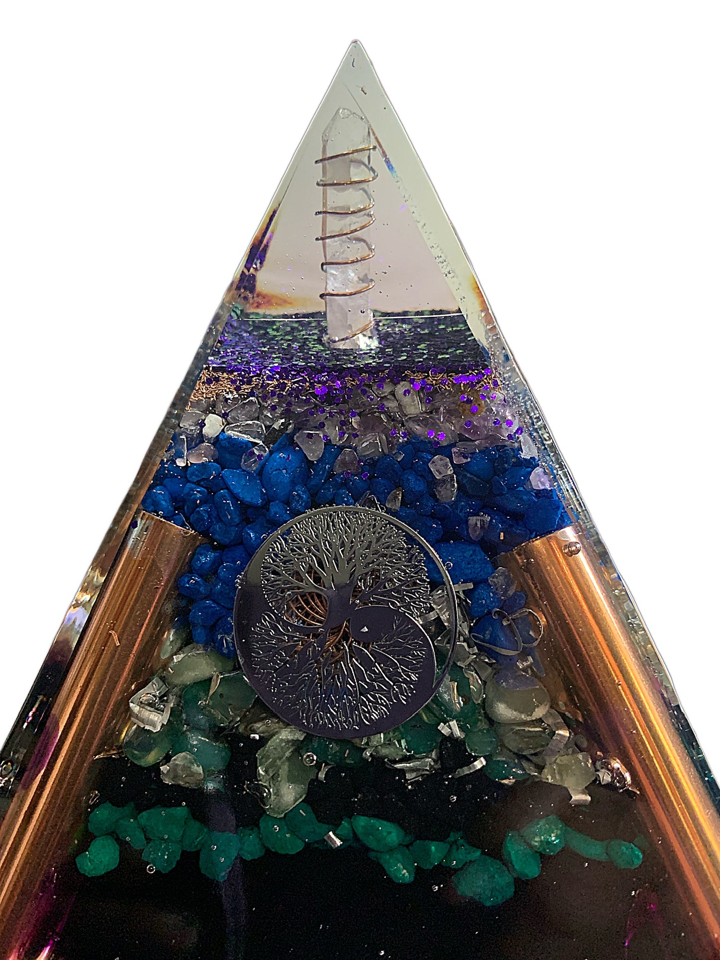 Tree of Life Yin Yang Orgone Pyramid – 8" Large | Amethyst & Green Agate