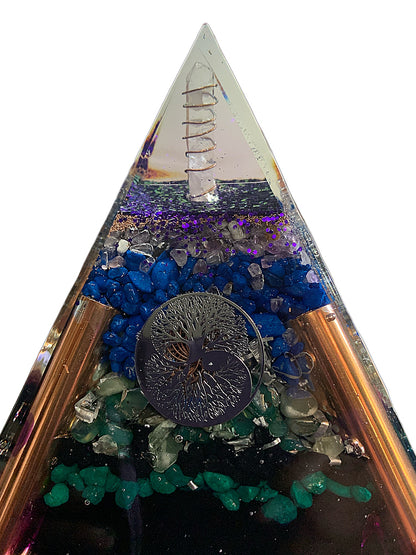 Tree of Life Yin Yang Orgone Pyramid – 8" Large | Amethyst & Green Agate